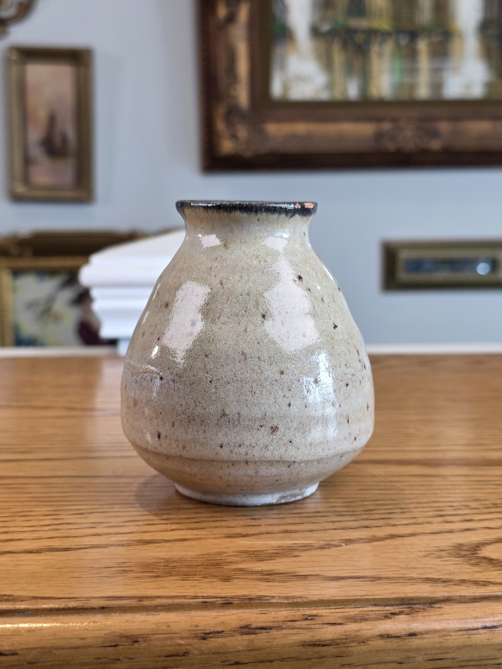 Vintage Studio Pottery Bud Vase - Speckled Oatmeal Glaze Hand Thrown Stoneware